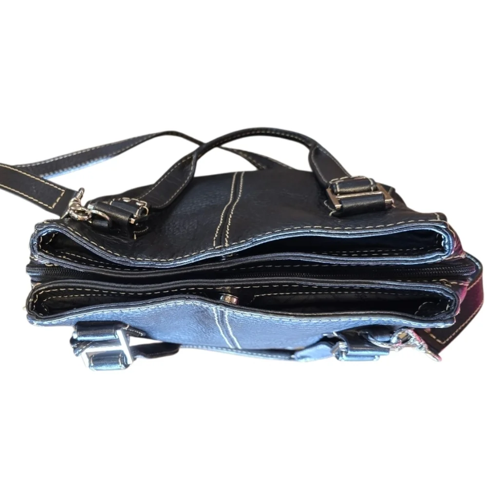 Fossil Black Pebbled Leather Multi Compartment Satchel Shoulder Bag
